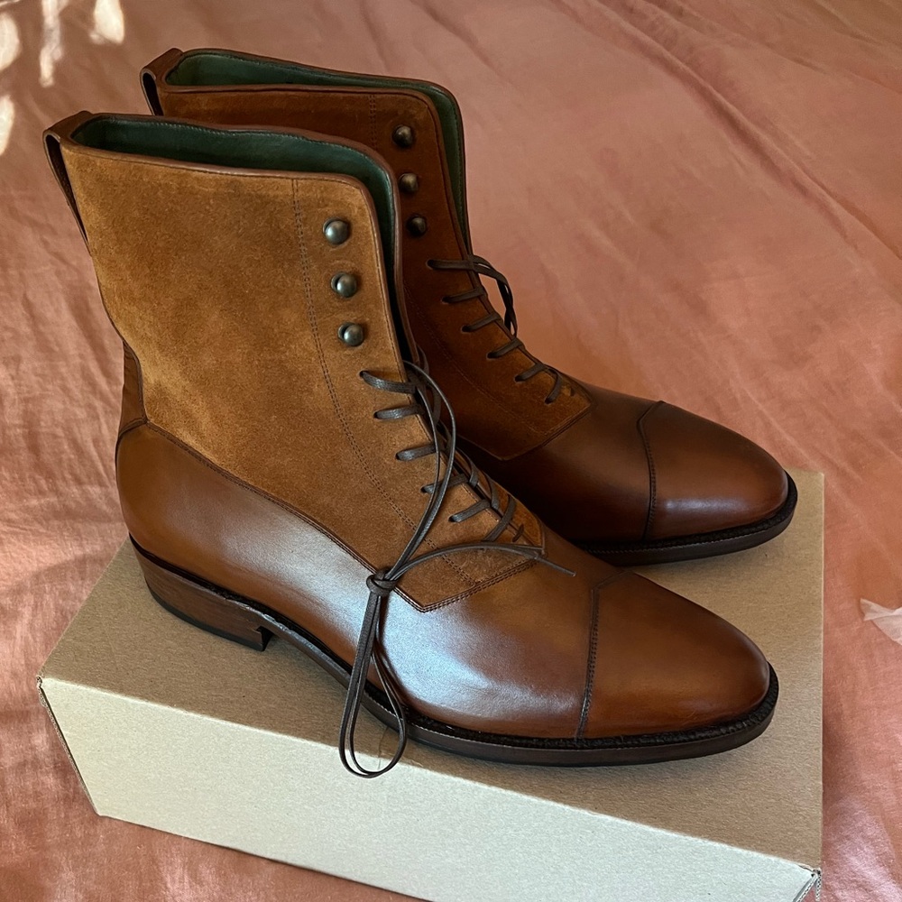 The Panuncio Bolivar Balmoral Boot in brandy colored suede/leather combo